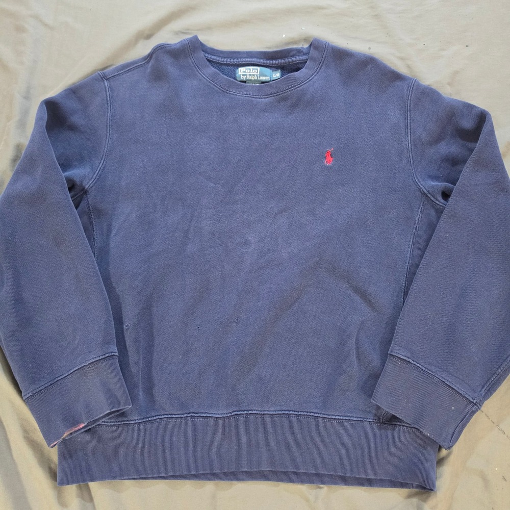 Polo Ralph Lauren Mens Navy Blue Crewneck Sweatshirt Red Pony Logo Sz L Vtg Y2K